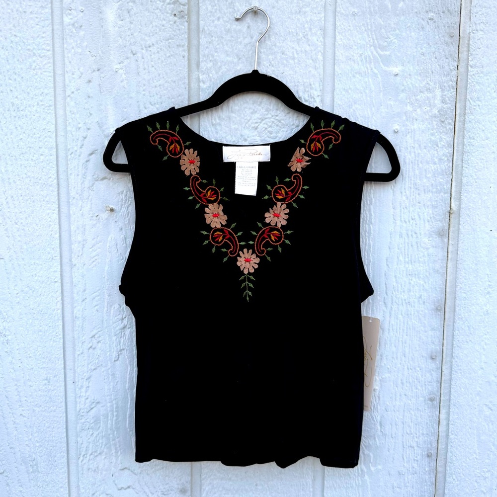 Deadstock NWT 1990s Lucy Pereda Black Embroidered Sleeveless Top